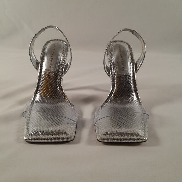 Good American Shoes - Good American Slingback Heel SIlver Snake Lucite 7.5  Square Toe NWOB
